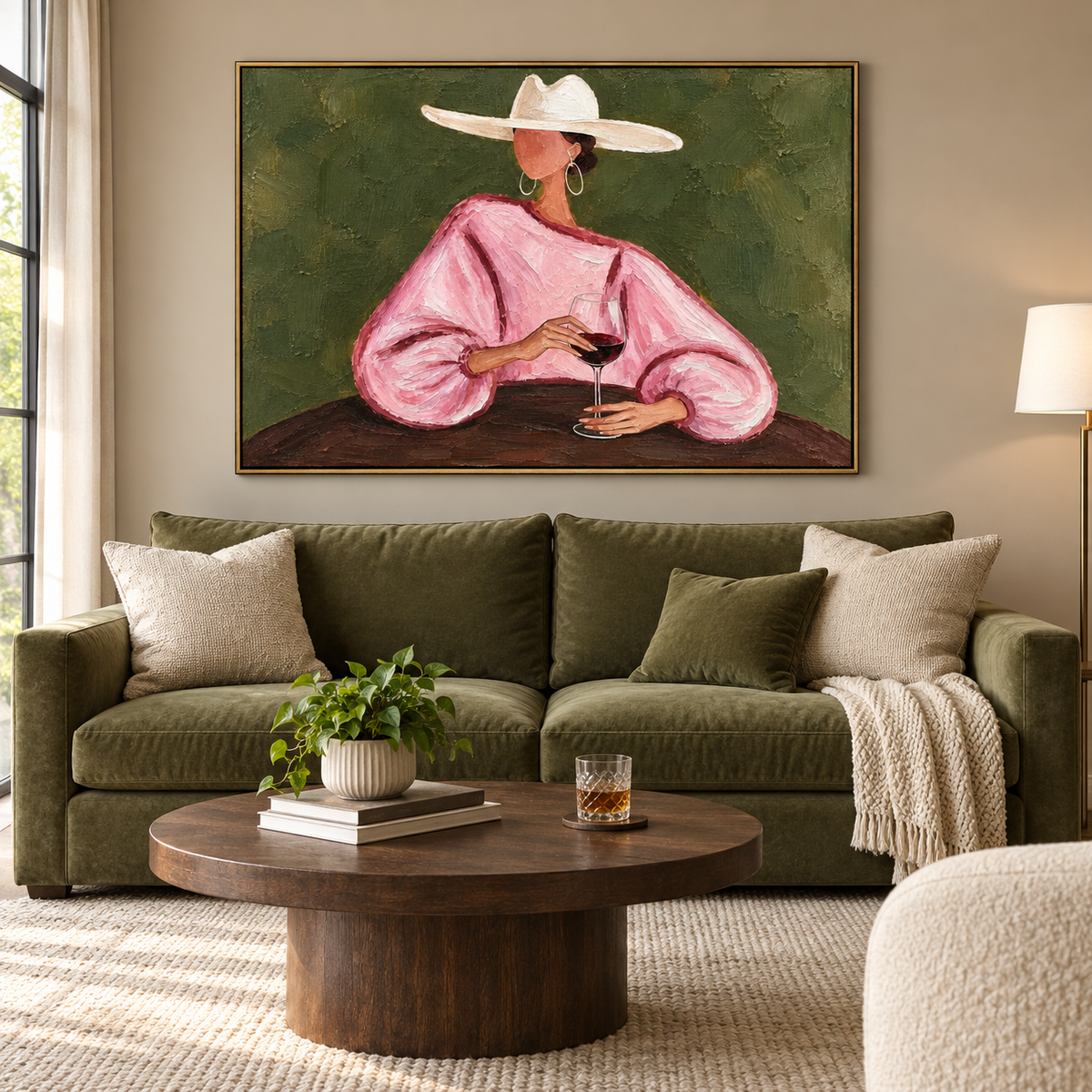 A woman in a loose pink blouse and wide white cowboy hat holding a glass of red wine at a dark table against an olive-green background, shown in room setting 2.