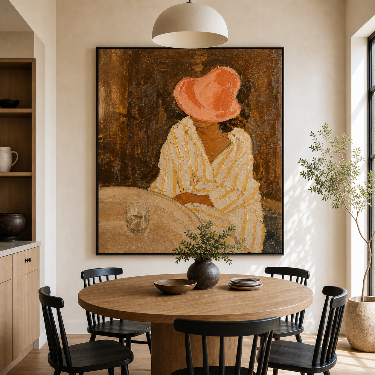 Original Hand Painted Oil Painting, Woman in Coral Hat Framed Canvas Wall Art for Dining Room Decor