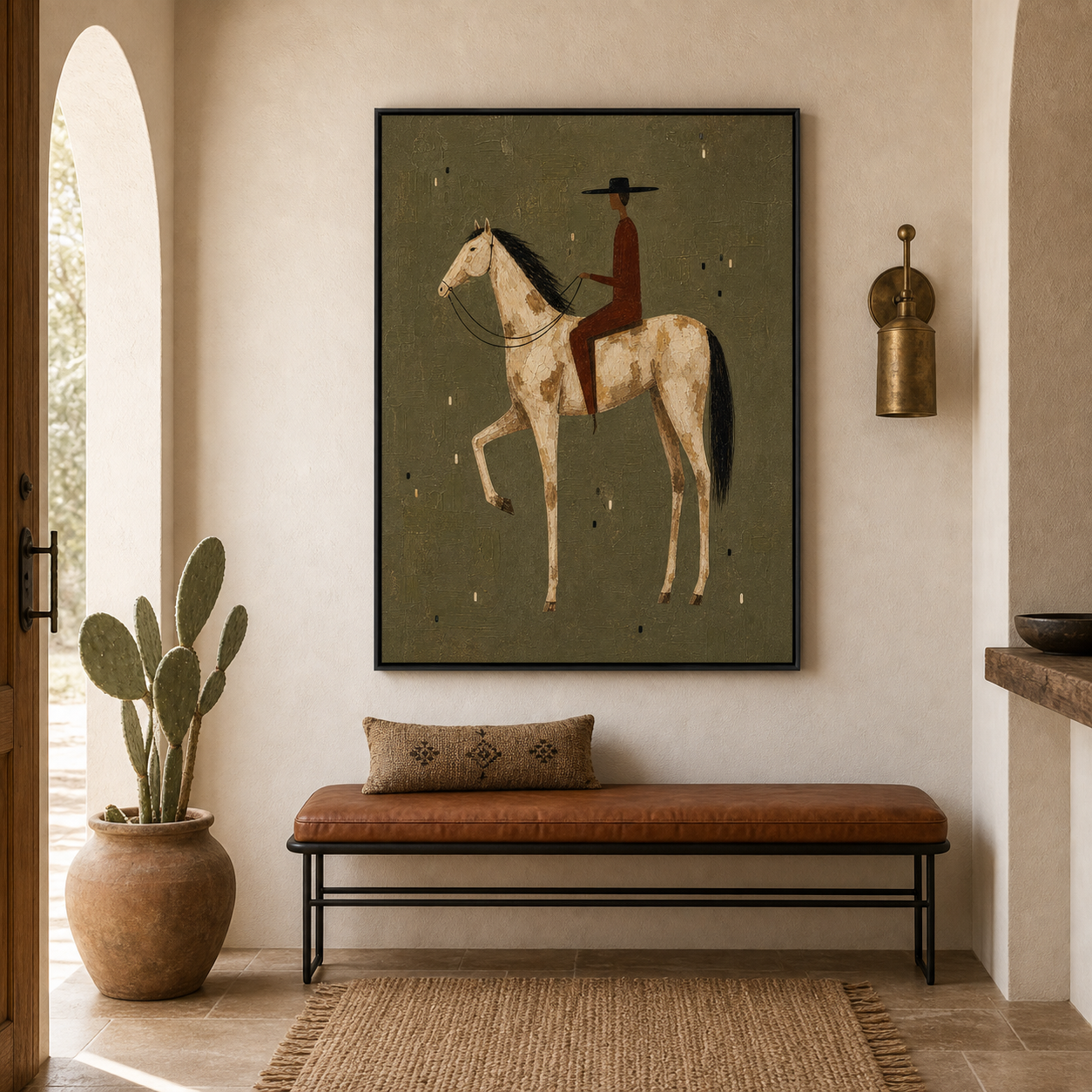 Hand Painted Western Horse Oil Painting, Cream Horse Rider Framed Canvas Wall Art