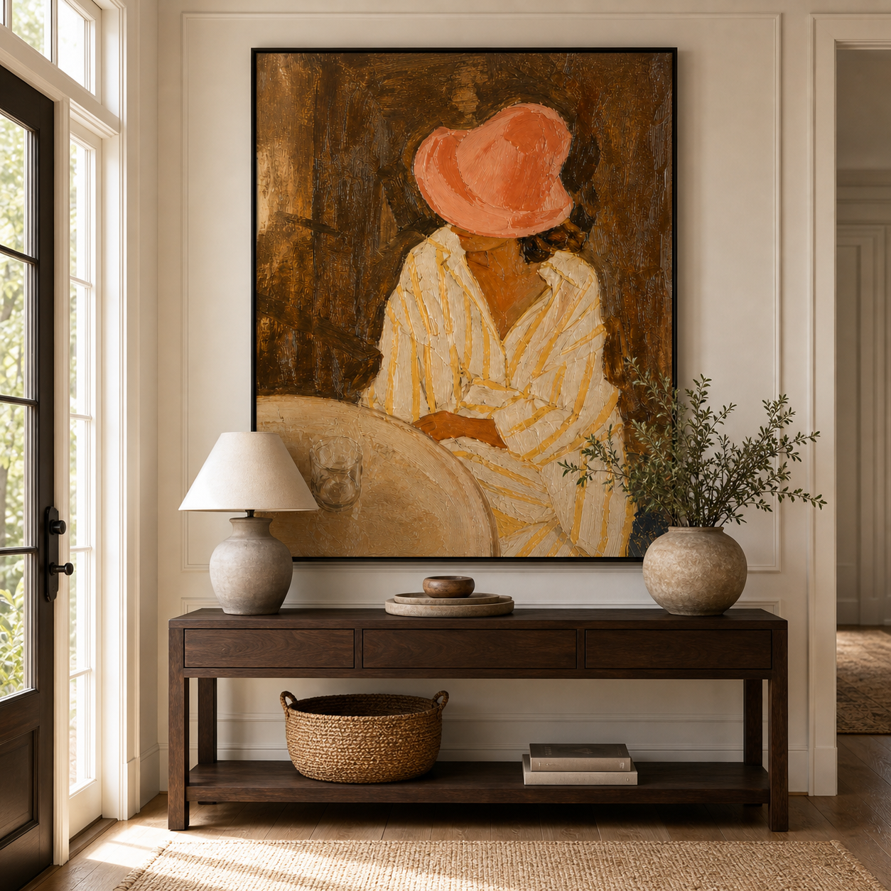 Original Hand Painted Oil Painting, Woman in Coral Hat Framed Canvas Wall Art for Dining Room Decor