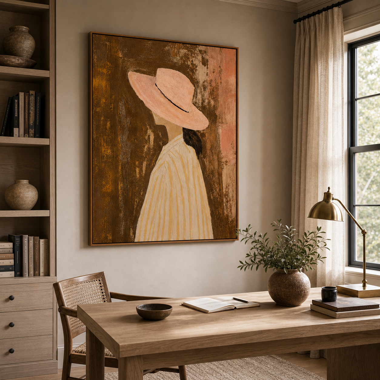 Hand Painted Woman Portrait Oil Painting, Neutral Canvas Wall Art for Living Room Decor