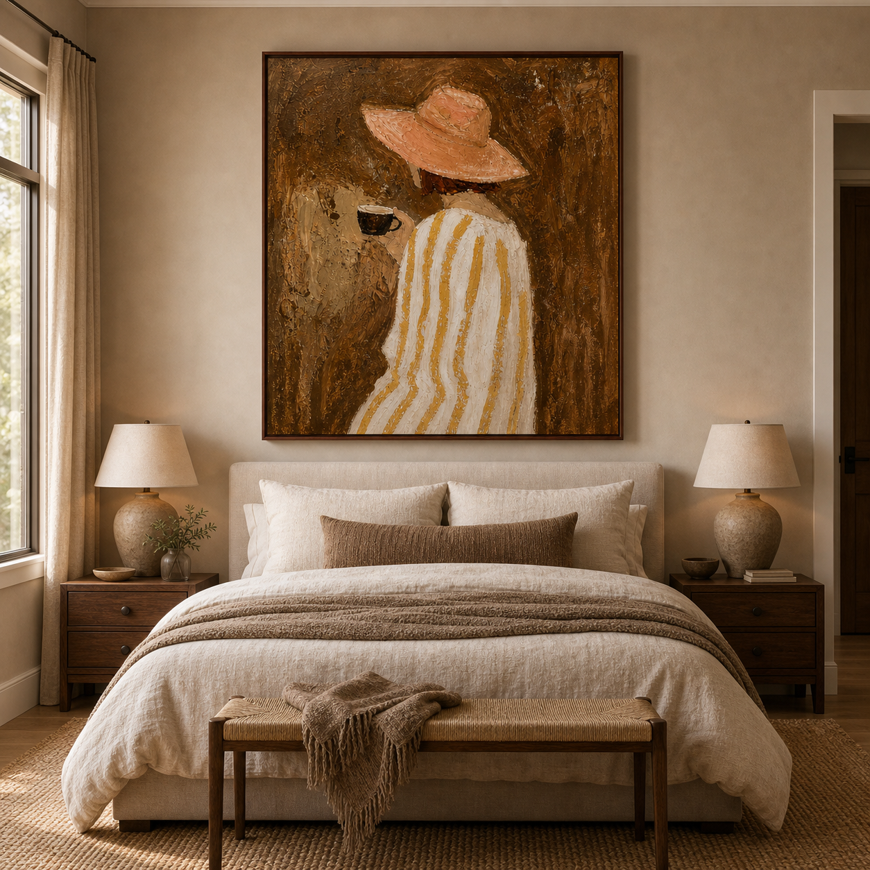 Original Hand Painted Oil Painting Woman with Coffee Canvas Wall Art for Bedroom Decor