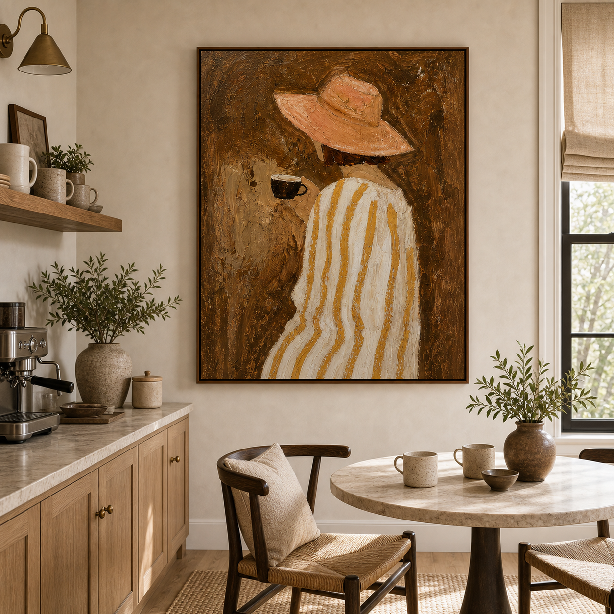 Original Hand Painted Oil Painting Woman with Coffee Canvas Wall Art for Bedroom Decor