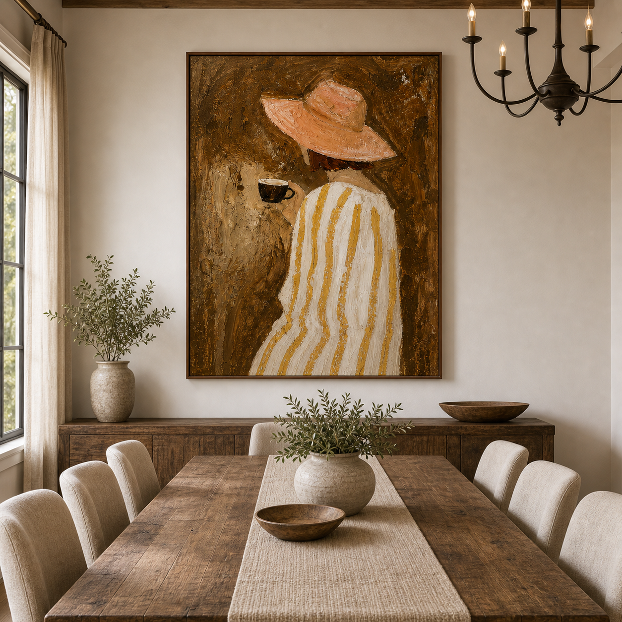 Original Hand Painted Oil Painting Woman with Coffee Canvas Wall Art for Bedroom Decor