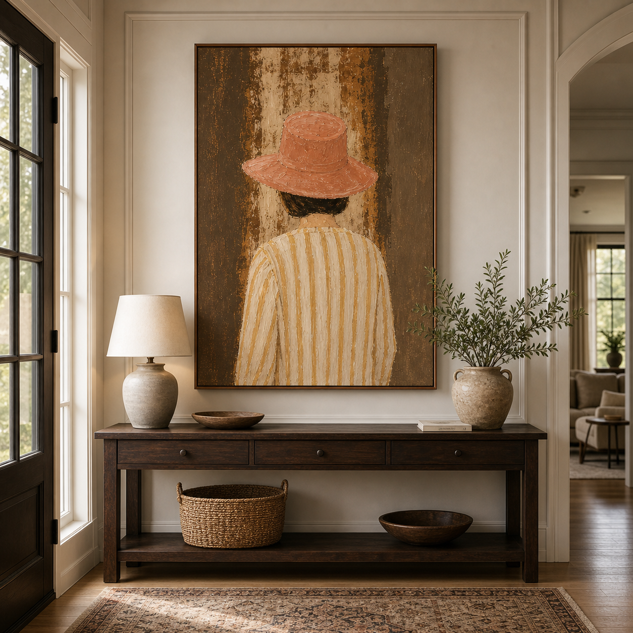 Vertical Hand Painted Oil Painting, Back View Woman Canvas Wall Art for Entryway Decor