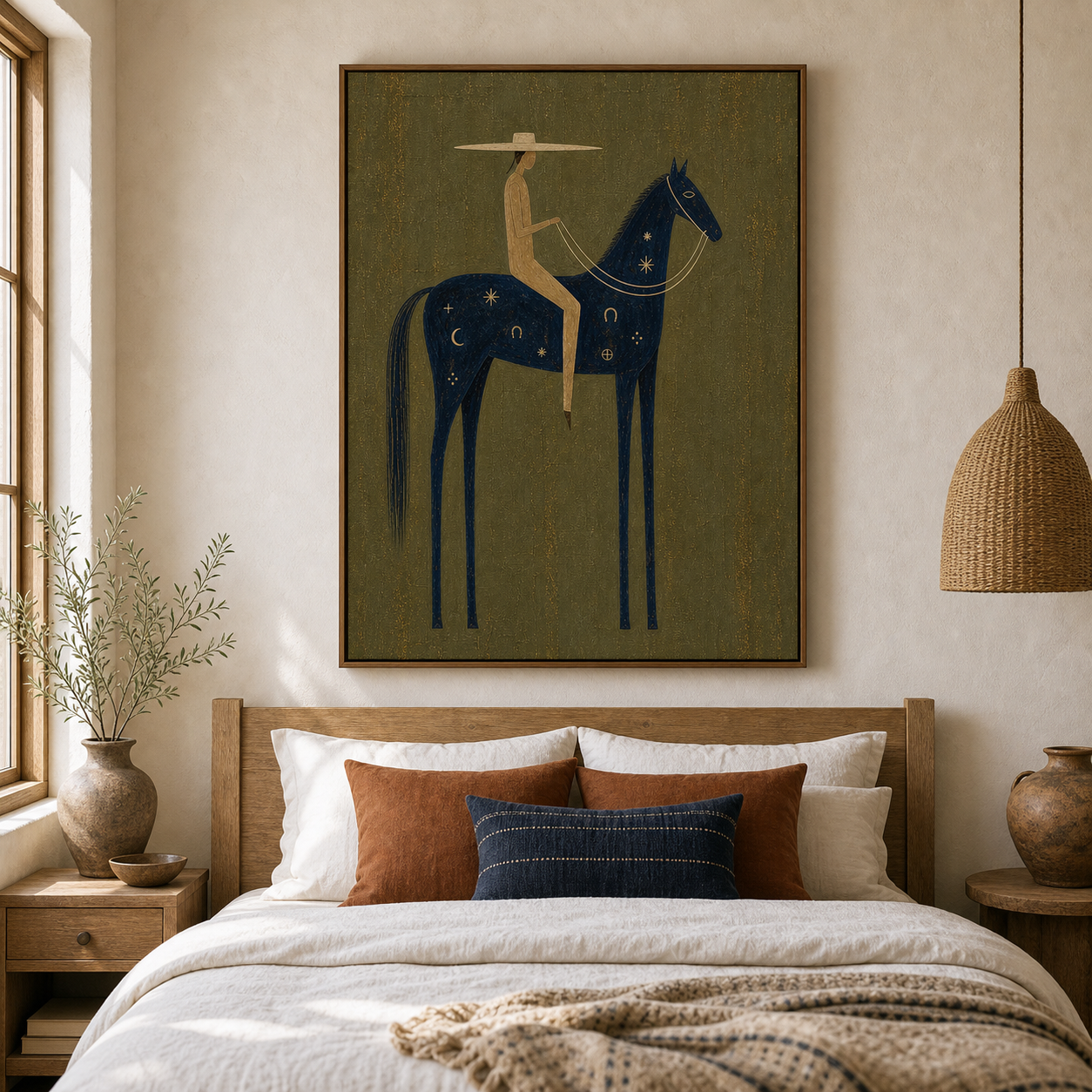 Hand Painted Navy Horse Oil Painting, Modern Equestrian Canvas Wall Art with Western Rider