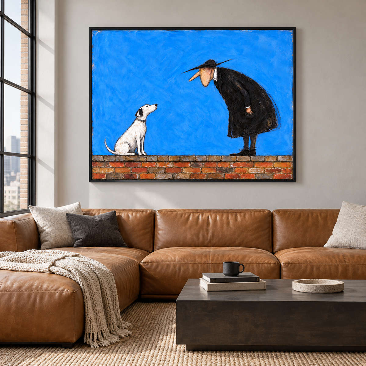 A long-nosed man in a black coat and broad black hat bending toward a seated white dog above a strip of red brick against a vivid blue background, shown in room setting 1.