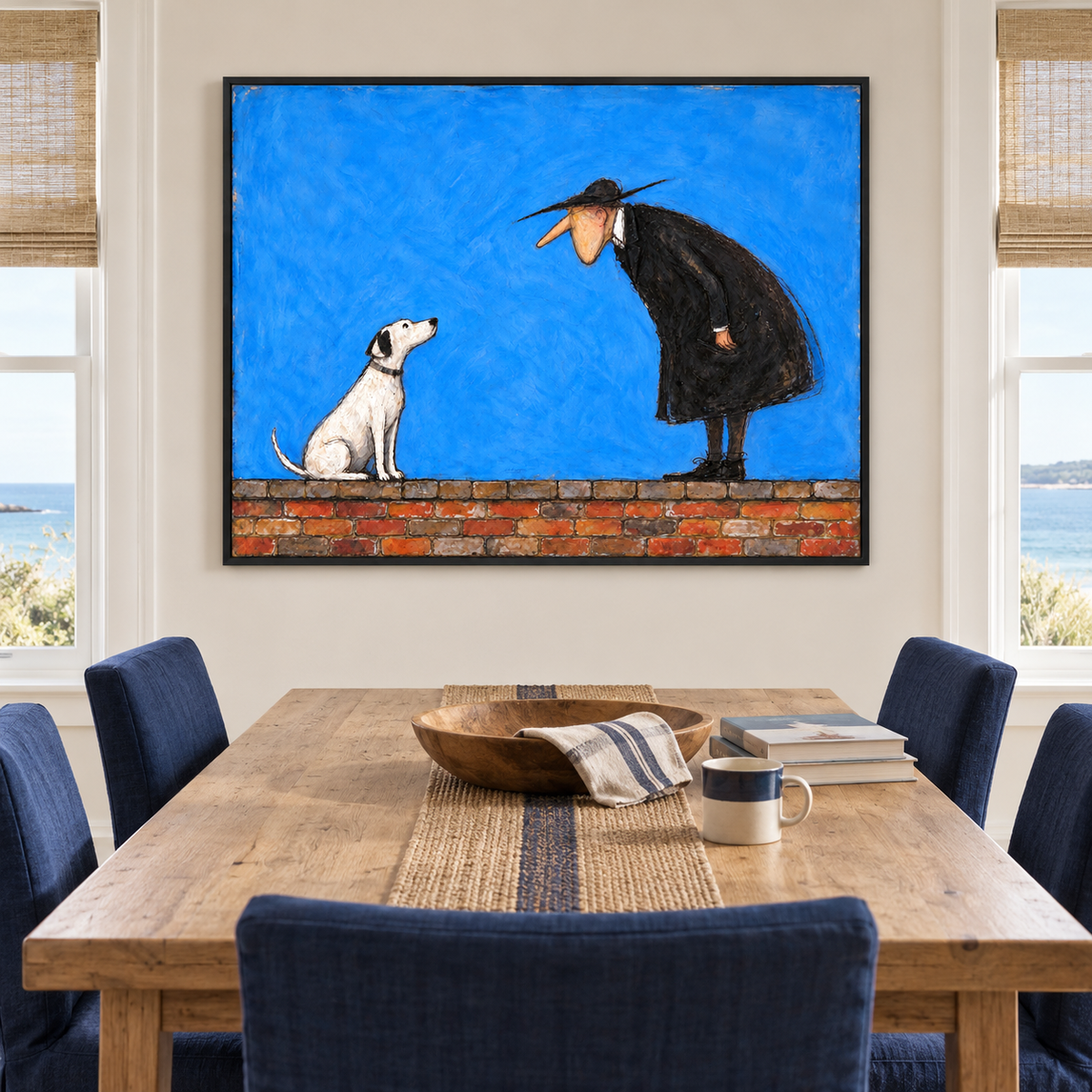 A long-nosed man in a black coat and broad black hat bending toward a seated white dog above a strip of red brick against a vivid blue background, shown in room setting 3.