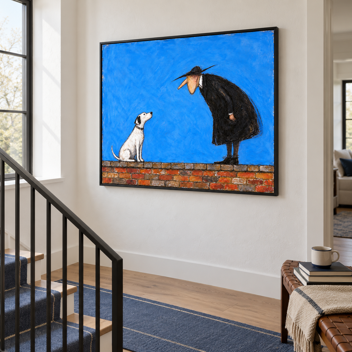 A long-nosed man in a black coat and broad black hat bending toward a seated white dog above a strip of red brick against a vivid blue background, shown in room setting 5.