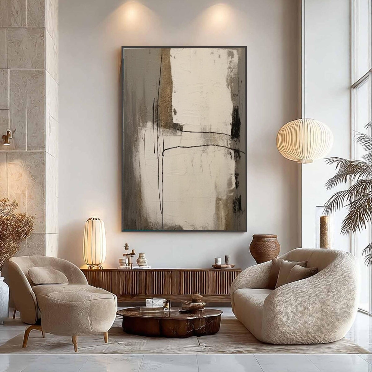 Tall ivory and gray-brown fields crossed by thin dark lines in a restrained vertical abstract composition, shown in room setting 1.