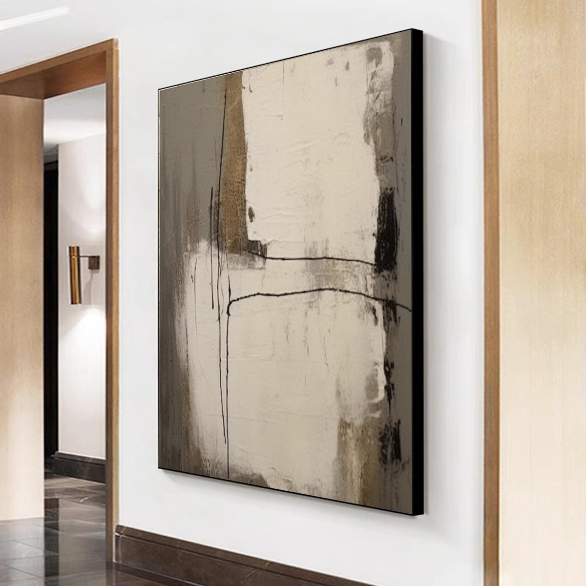 Tall ivory and gray-brown fields crossed by thin dark lines in a restrained vertical abstract composition, shown in room setting 3.