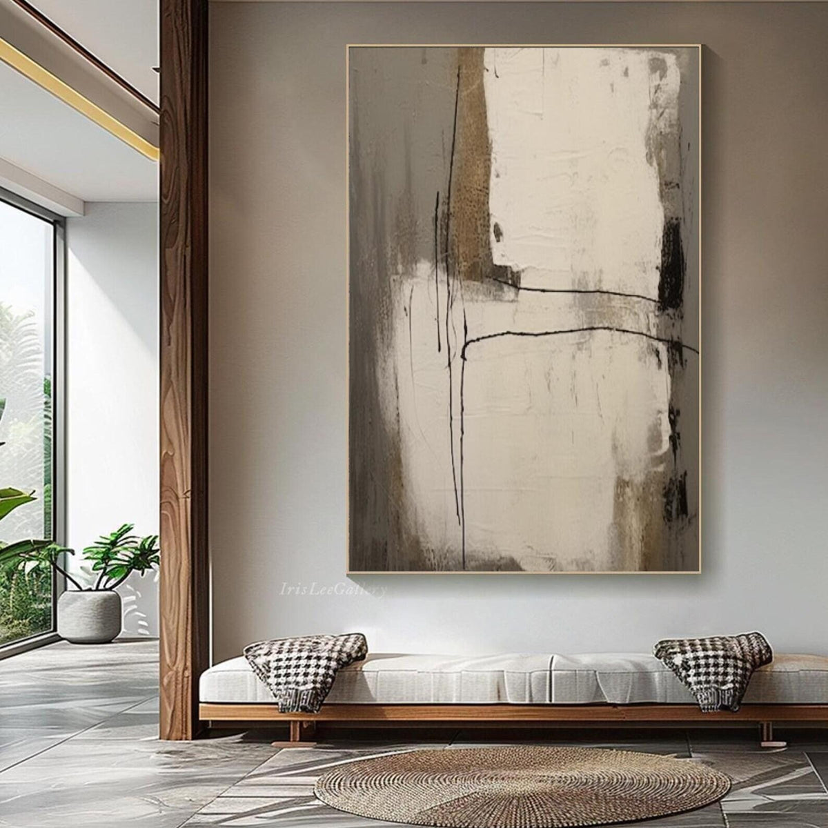 Tall ivory and gray-brown fields crossed by thin dark lines in a restrained vertical abstract composition, shown in room setting 4.
