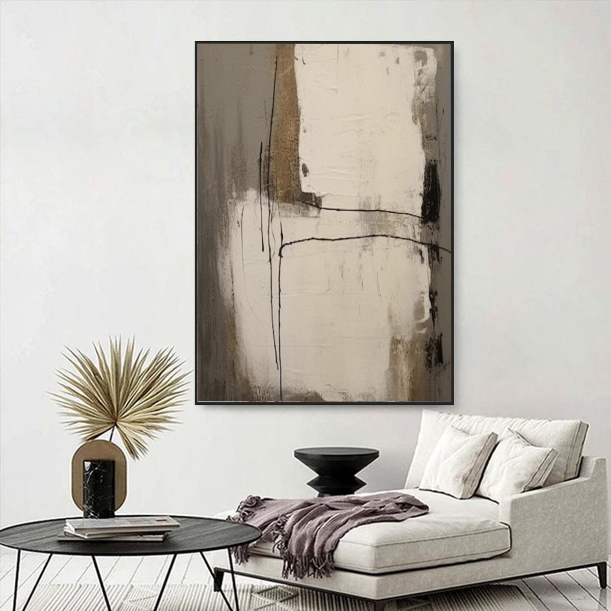 Tall ivory and gray-brown fields crossed by thin dark lines in a restrained vertical abstract composition, shown in room setting 5.