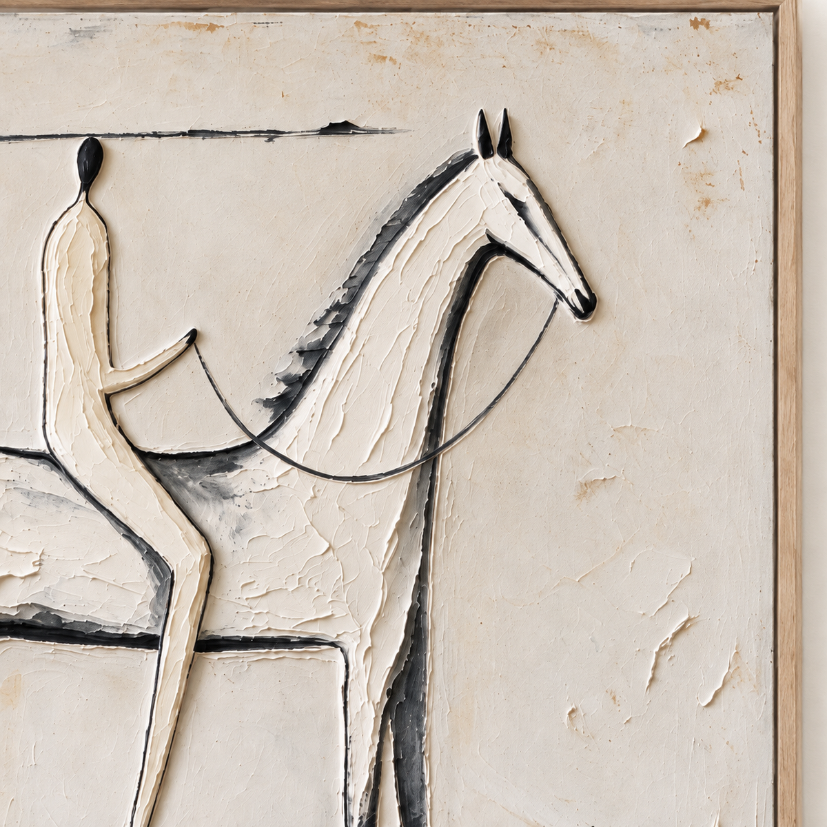 A slender rider on a long-legged white horse outlined in charcoal against a warm off-white background, close-up of the painted details.