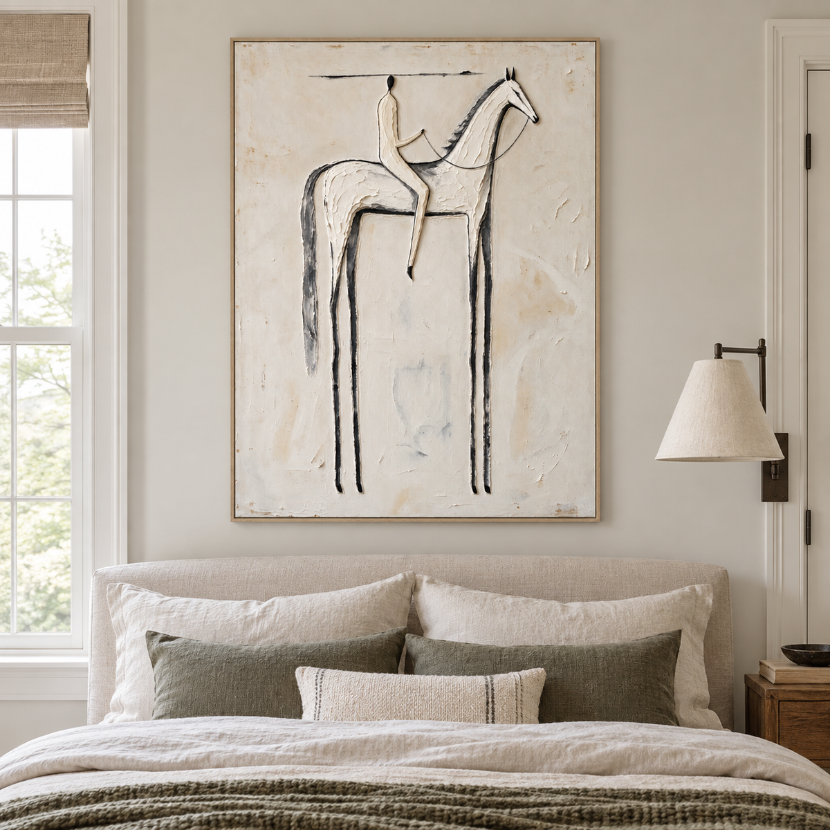A slender rider on a long-legged white horse outlined in charcoal against a warm off-white background, shown in a ranch bedroom.