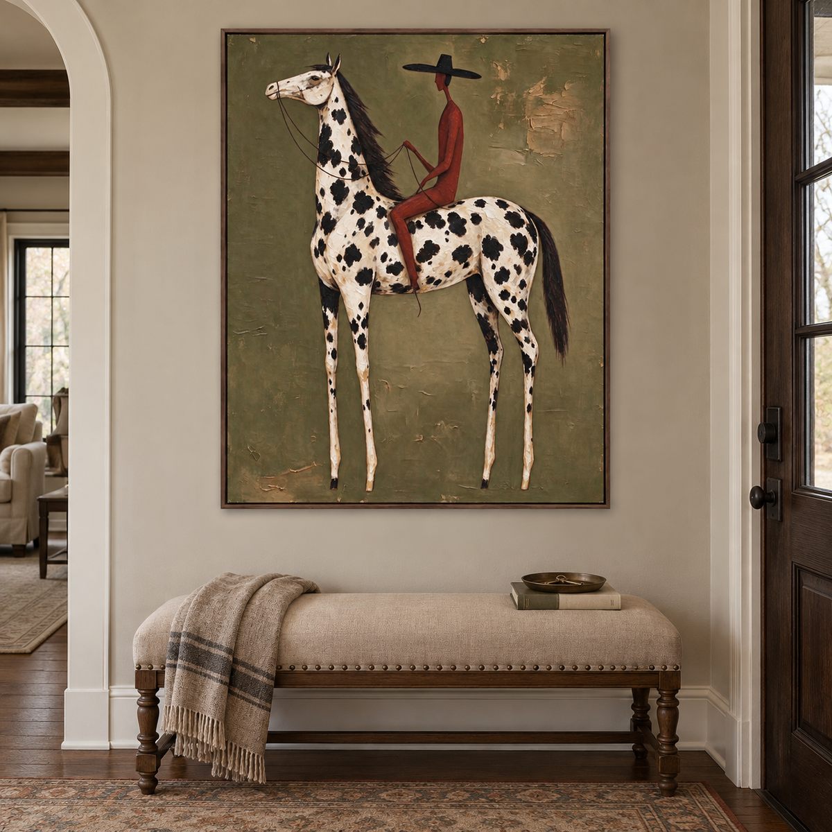 A rust-red rider on a white horse with black spots against olive green, in an entryway.