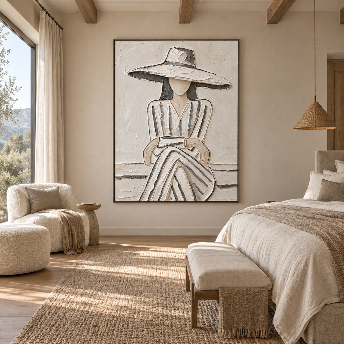 A seated woman in a broad white hat and gray-striped dress with folded hands against a pale background, shown in a organic bedroom.