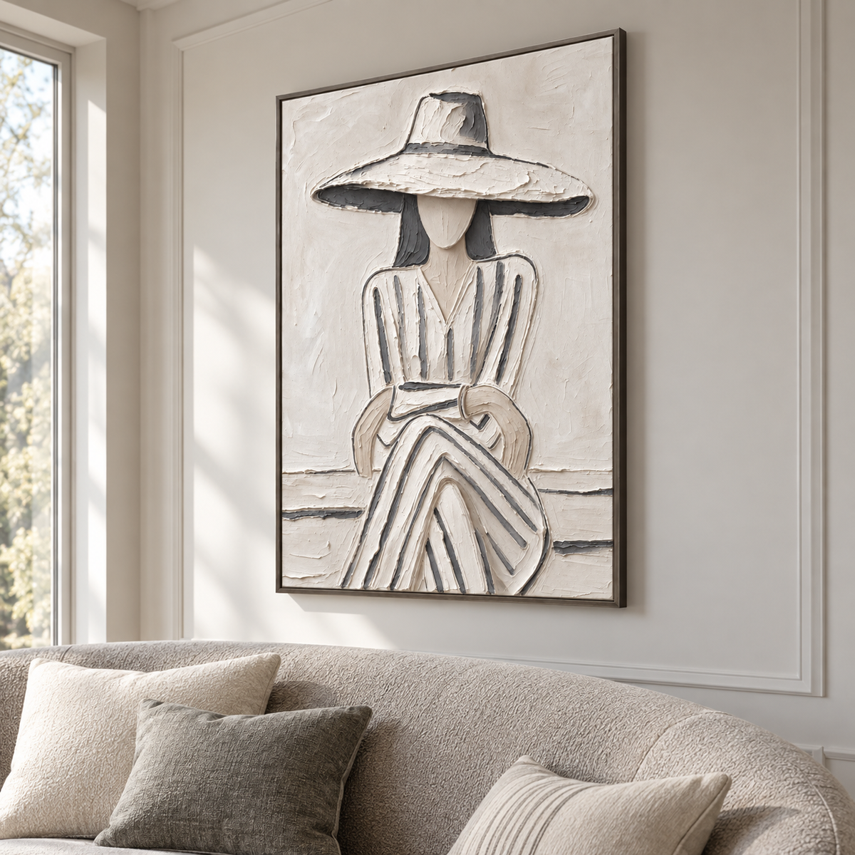 A seated woman in a broad white hat and gray-striped dress with folded hands against a pale background, shown from an angle in the room.