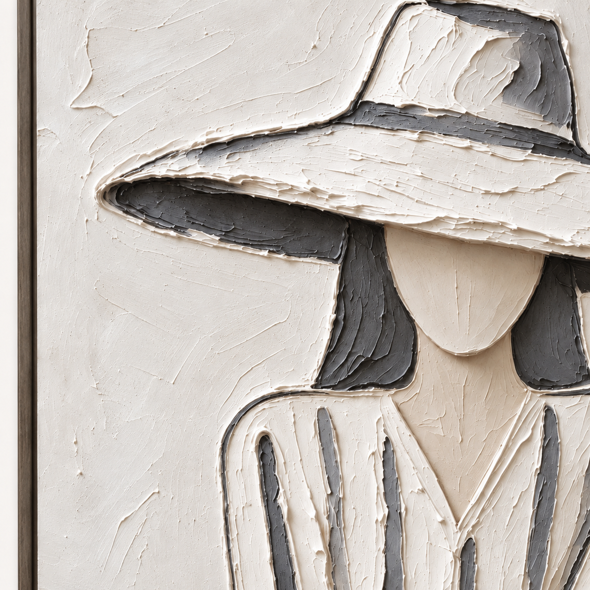 A seated woman in a broad white hat and gray-striped dress with folded hands against a pale background, close-up of the painted details.