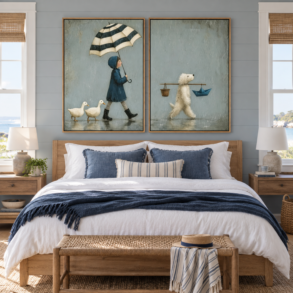 A two-panel rainy-day scene with a child carrying a striped umbrella followed by two ducks on the left, and a white dog carrying a basket and blue paper boat on the right, shown in room setting 3.