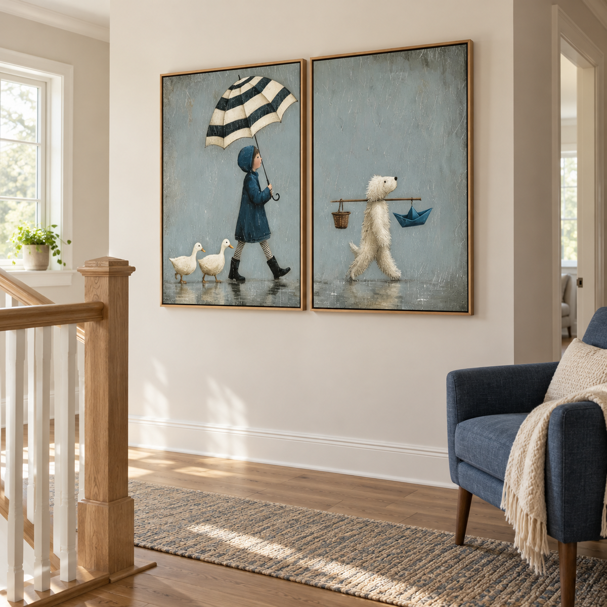 A two-panel rainy-day scene with a child carrying a striped umbrella followed by two ducks on the left, and a white dog carrying a basket and blue paper boat on the right, shown in room setting 4.