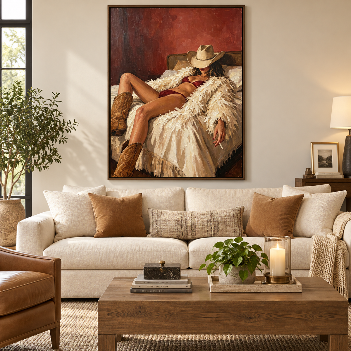 A reclining cowgirl in a tan hat, burgundy lingerie, and brown boots against cream bedding and a red wall, in a living room.