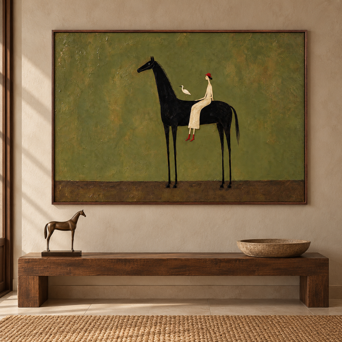 A small cream-clad woman in a red hat sits on a tall black horse against an olive-green ground; a white bird rests behind her on the horse’s back., in an entryway.