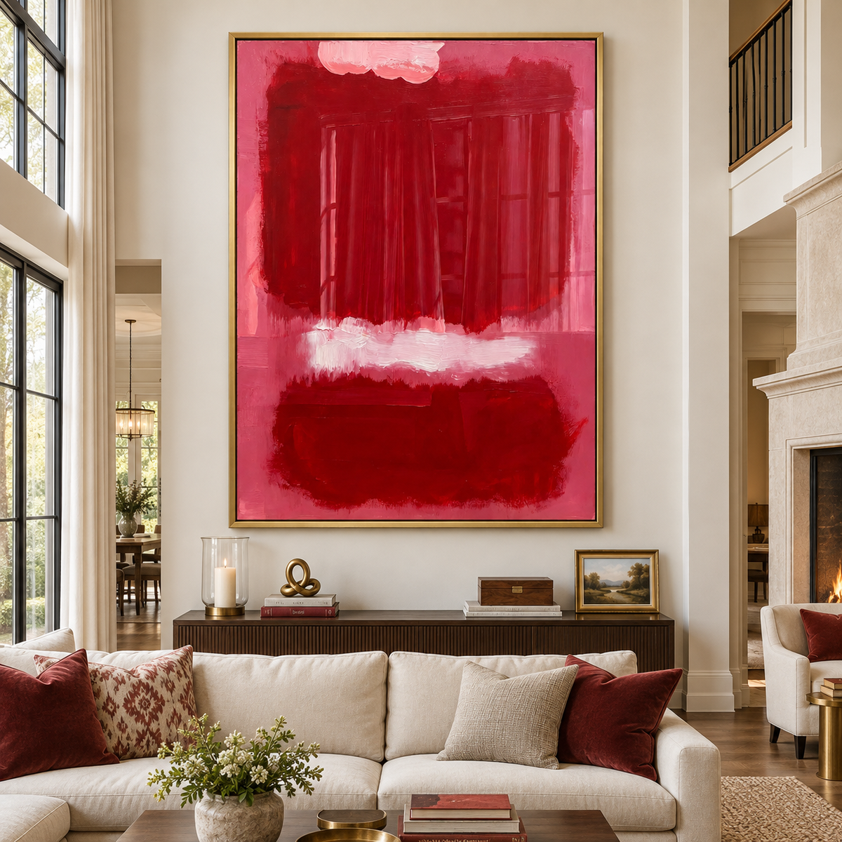 Deep red abstract blocks on dusty rose pink with a pale horizontal brushstroke, in a large living room.