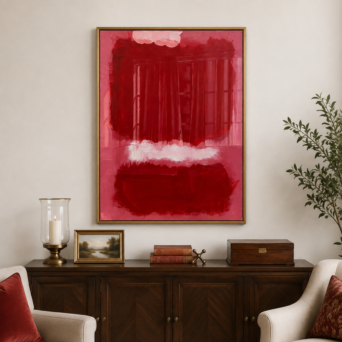 Deep red abstract blocks on dusty rose pink with a pale horizontal brushstroke, in a living room.