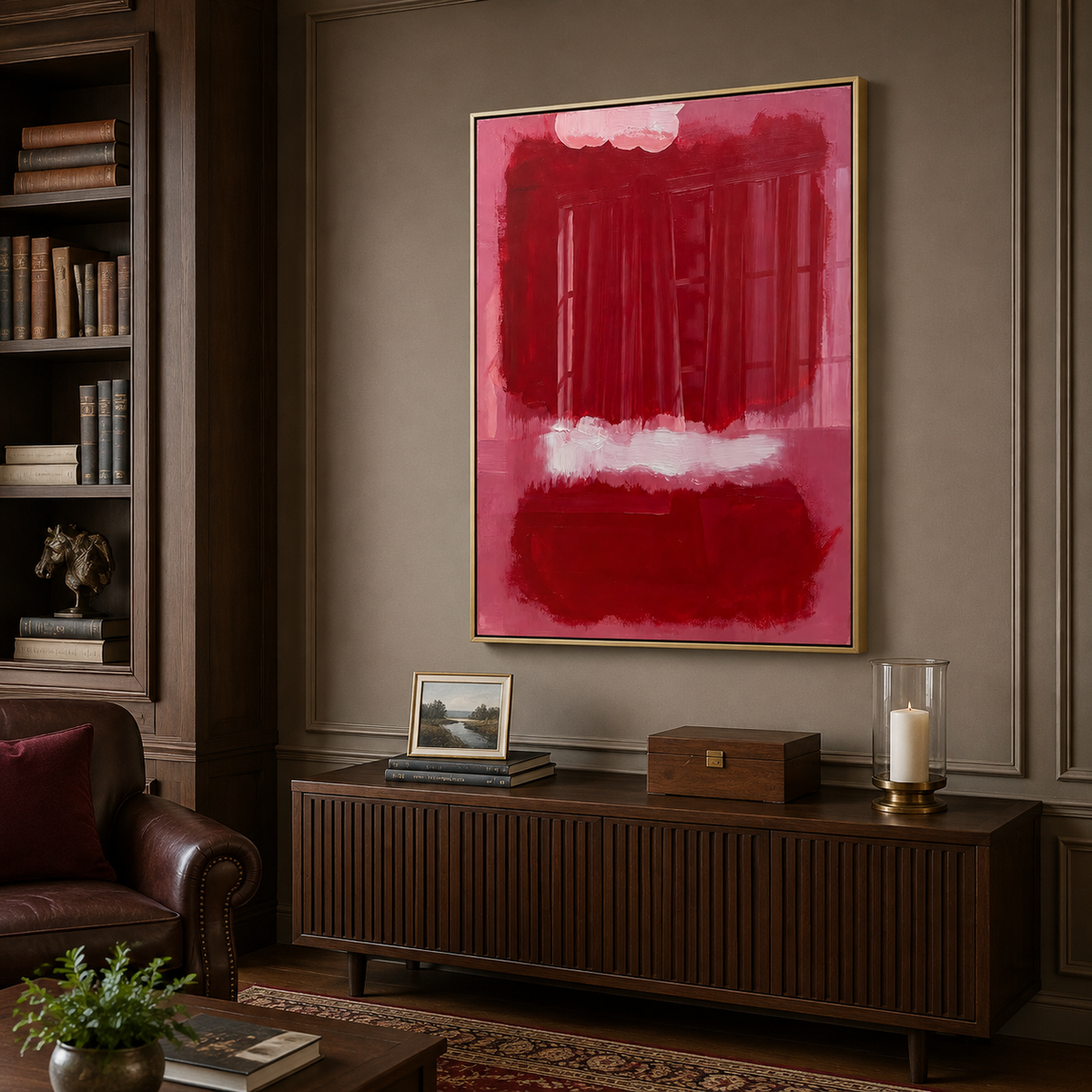 Deep red abstract blocks on dusty rose pink with a pale horizontal brushstroke, shown from an angle in a study.