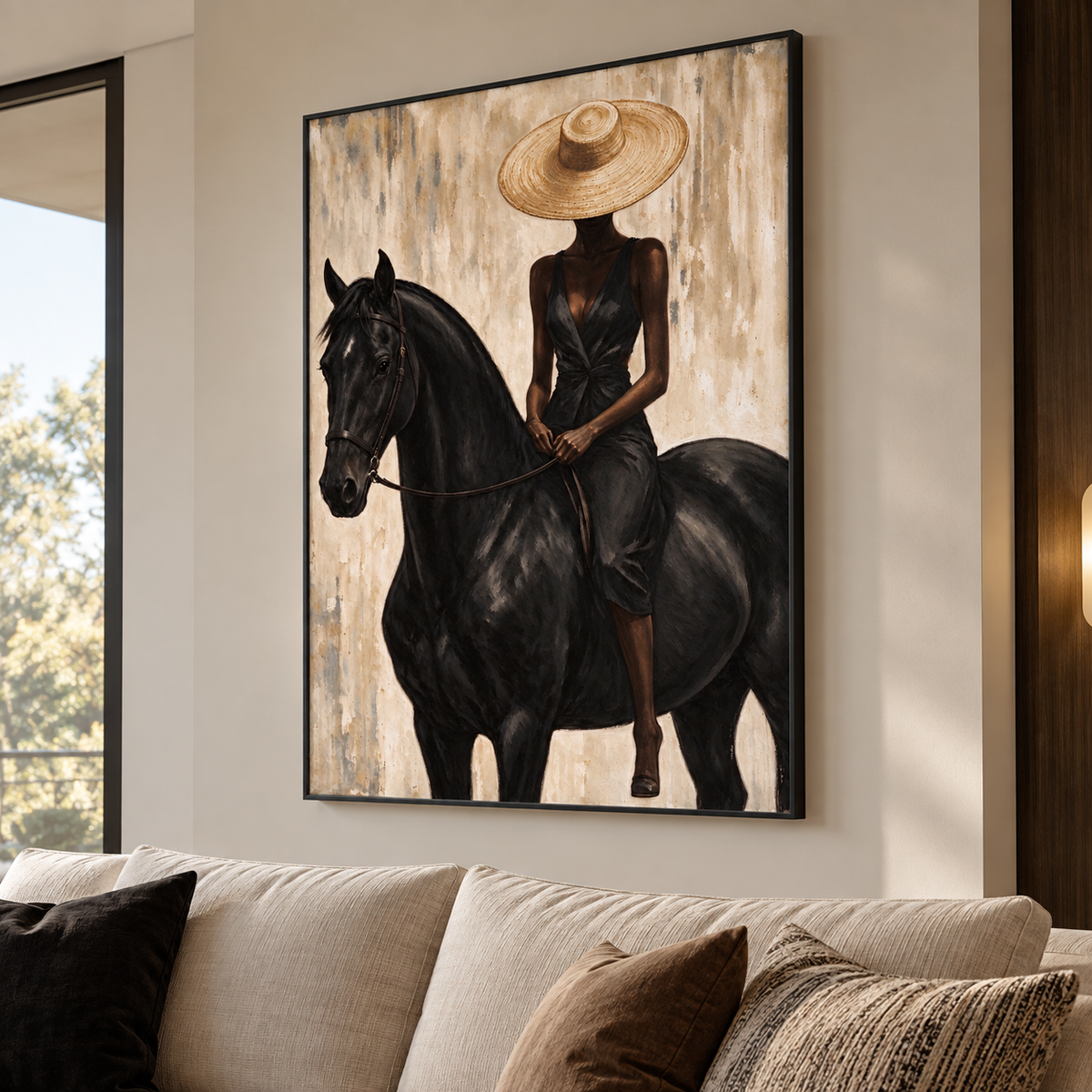 A woman in a black dress and broad tan hat sitting on a black horse with the reins held in both hands, shown from an angle in the room.
