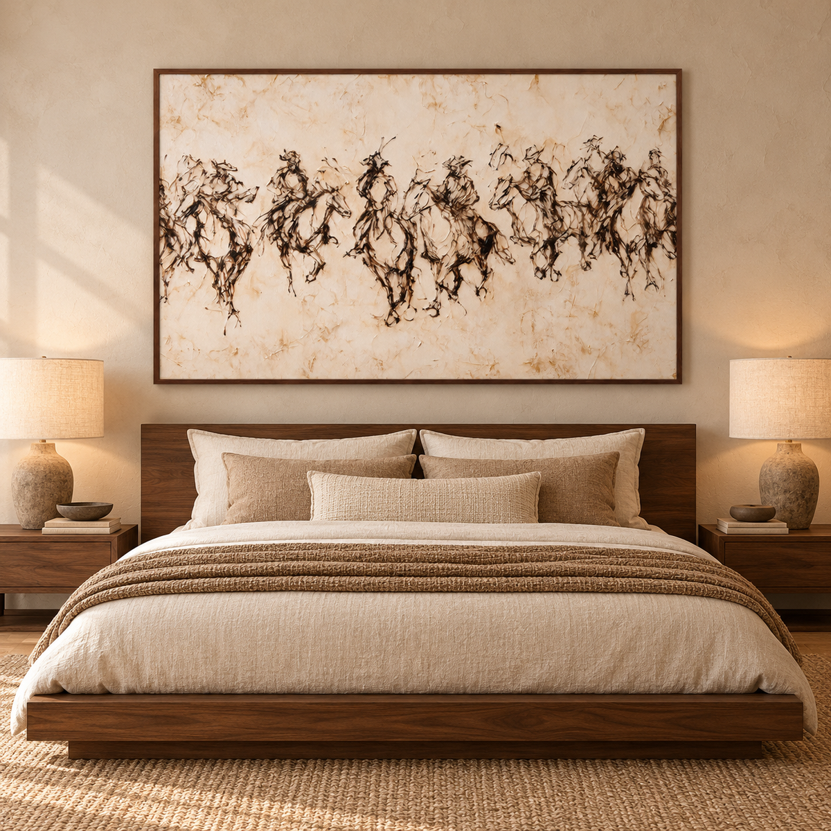 A wide sepia composition of a running herd: horse and rider forms overlap in lively dark brushlike marks across a pale cream ground., in a bedroom.