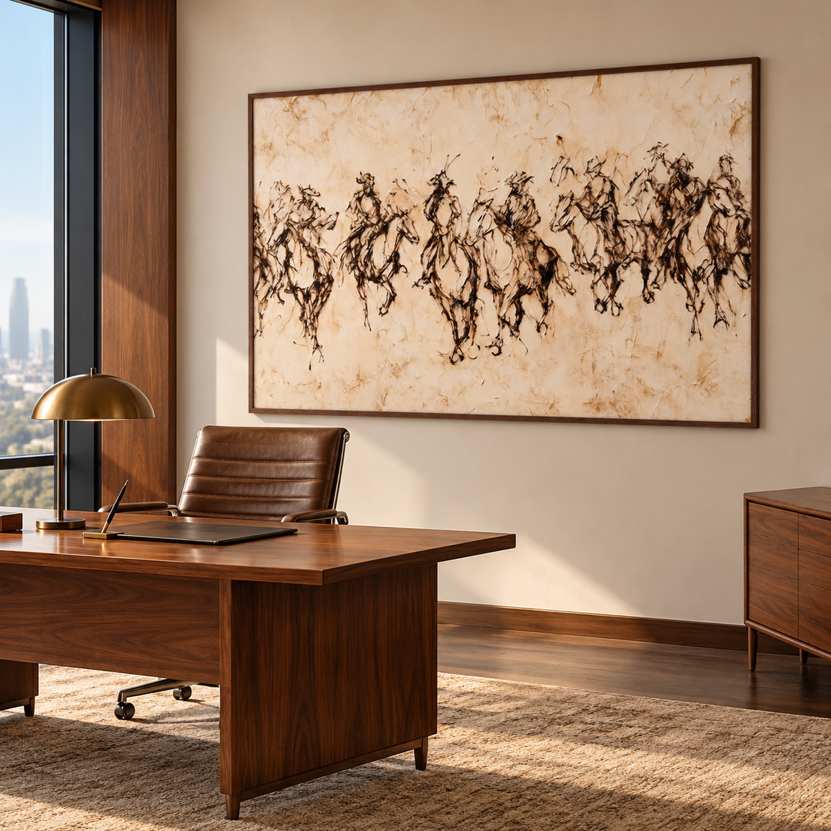 A wide sepia composition of a running herd: horse and rider forms overlap in lively dark brushlike marks across a pale cream ground., shown from an angle in a home office.