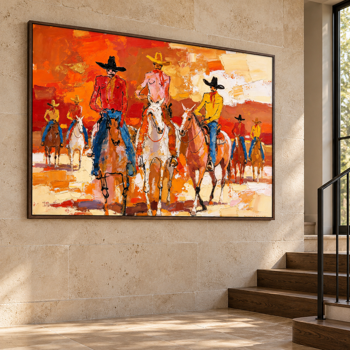 A lively group of cowboys ride across a bright orange-red field, with loose blocks of cream, yellow, blue, and brown shaping the horses and riders., shown from an angle on a stair landing.