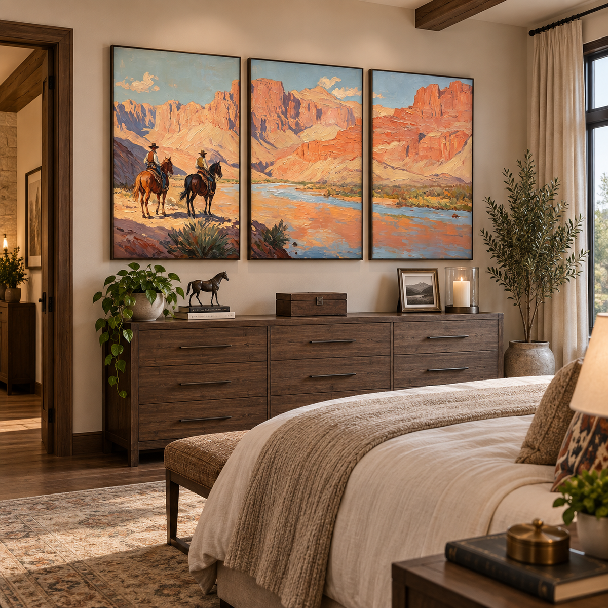 Two horseback riders beside a blue river winding through red and orange canyon cliffs across three panels, shown from an angle in a bedroom.