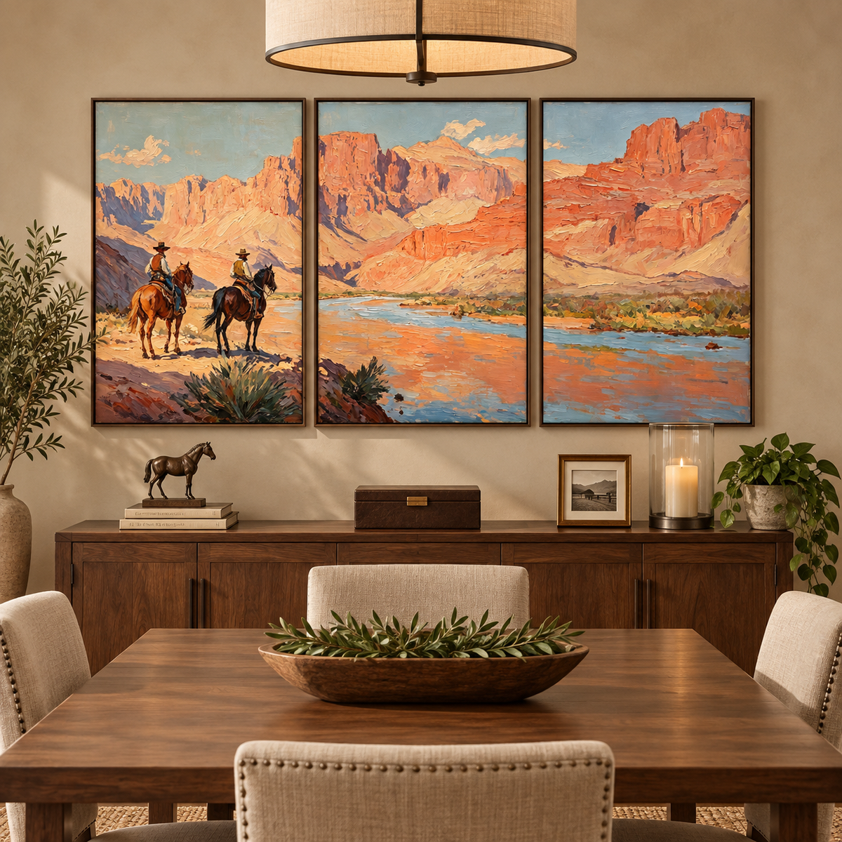 Two horseback riders beside a blue river winding through red and orange canyon cliffs across three panels, in a dining room.