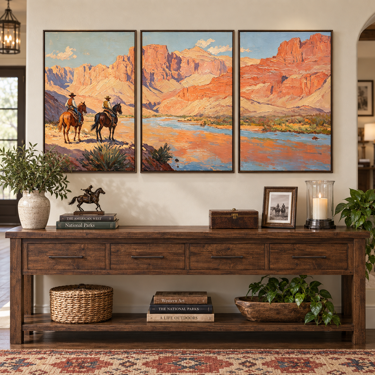 Two horseback riders beside a blue river winding through red and orange canyon cliffs across three panels, in an entryway.