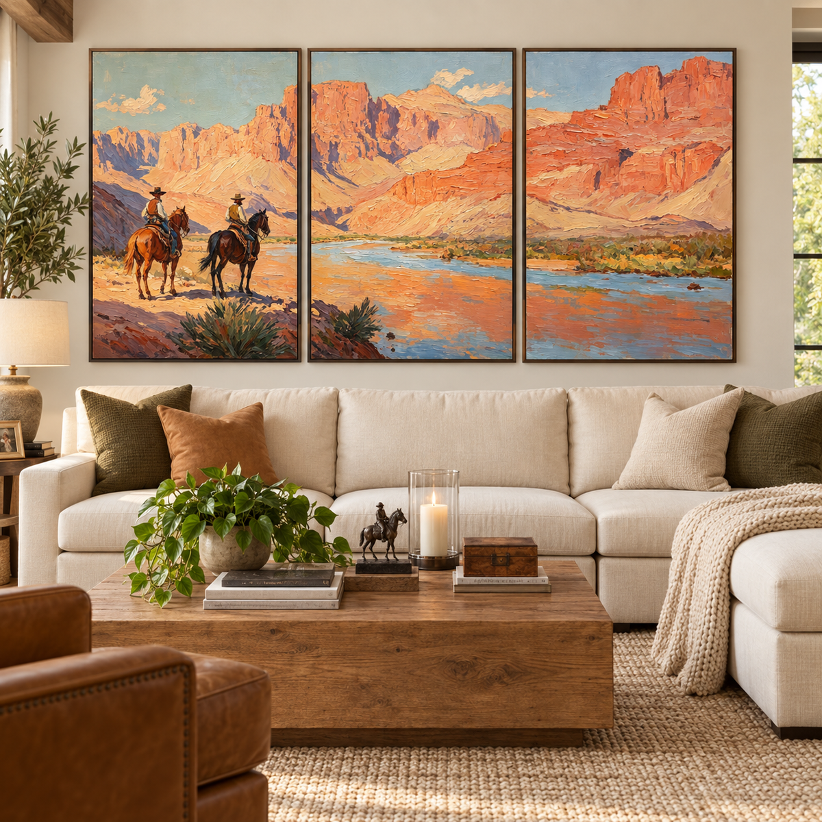 Two horseback riders beside a blue river winding through red and orange canyon cliffs across three panels, in a living room.