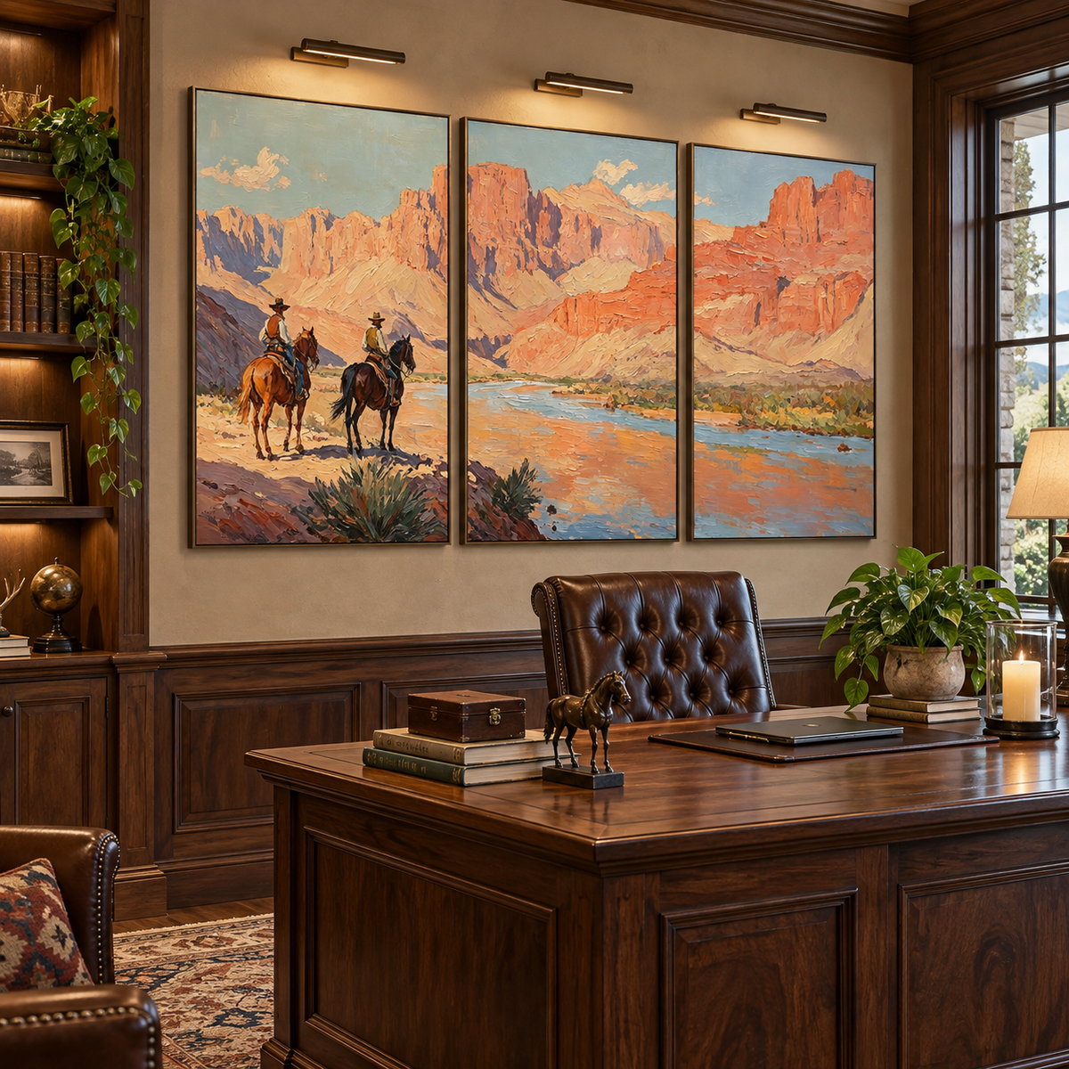Two horseback riders beside a blue river winding through red and orange canyon cliffs across three panels, shown from an angle in a study.
