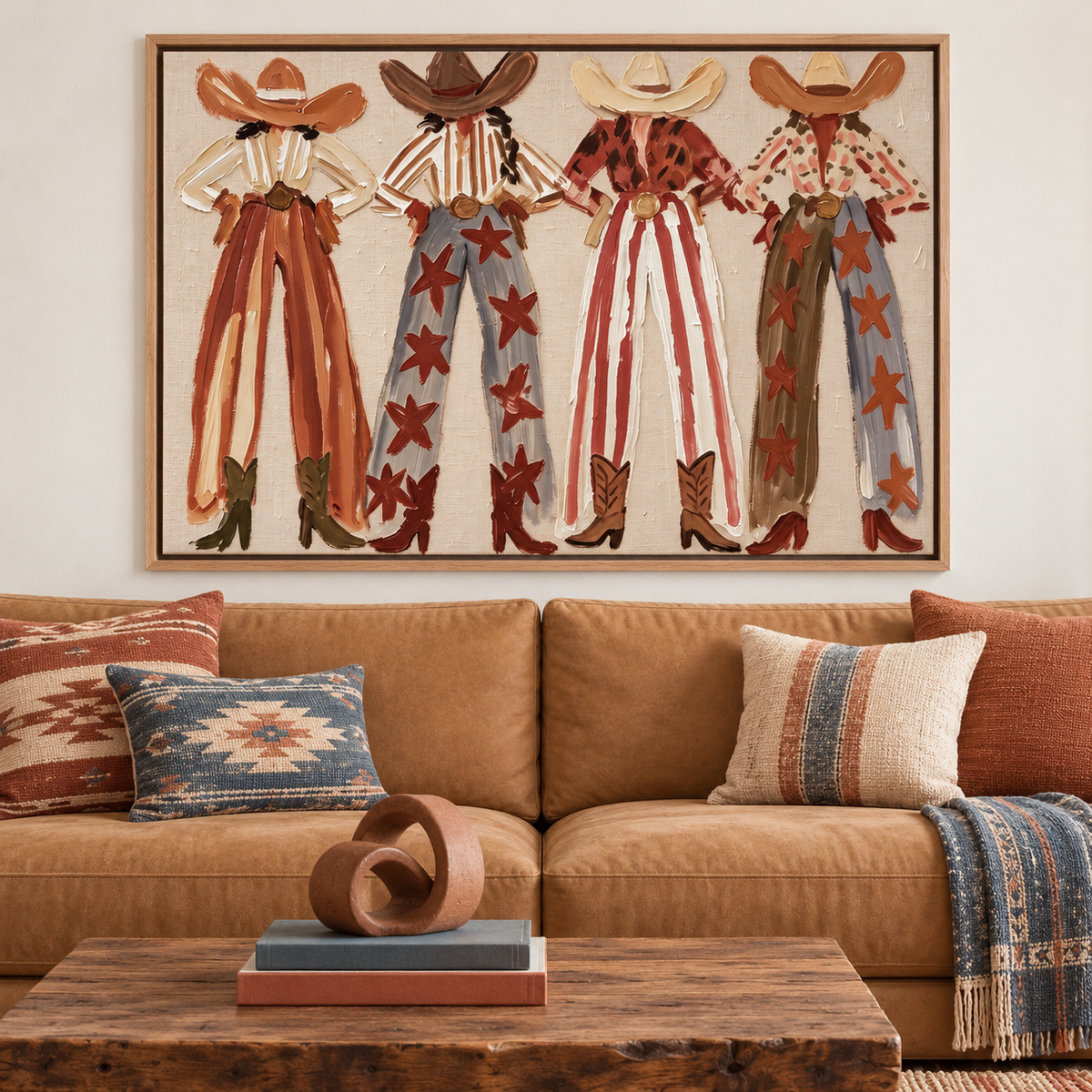 Four faceless cowgirls standing with hands on hips in broad hats, patterned shirts, striped and star-covered wide-leg pants and cowboy boots against a cream background, shown in room setting 1.