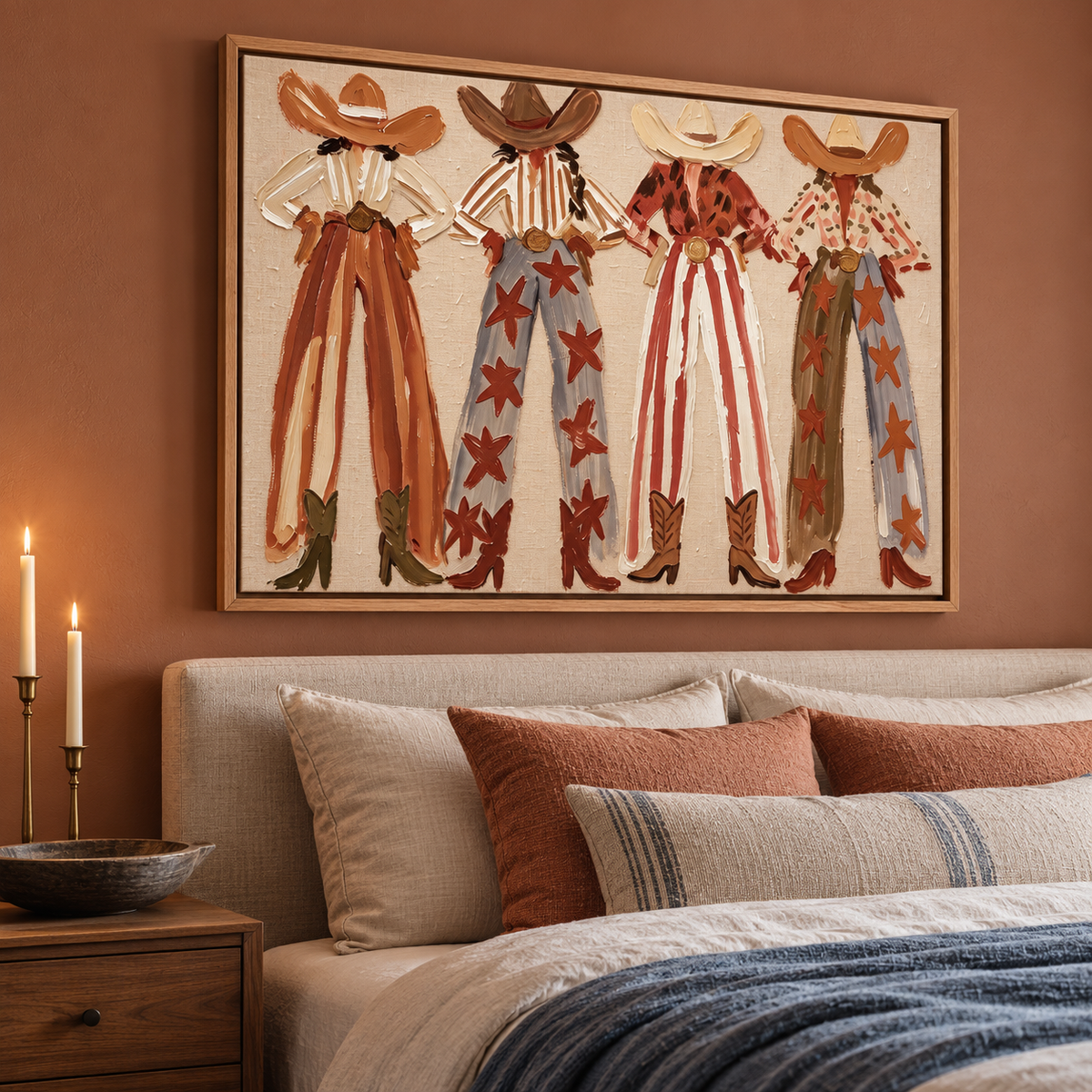 Four faceless cowgirls standing with hands on hips in broad hats, patterned shirts, striped and star-covered wide-leg pants and cowboy boots against a cream background, shown in room setting 4.