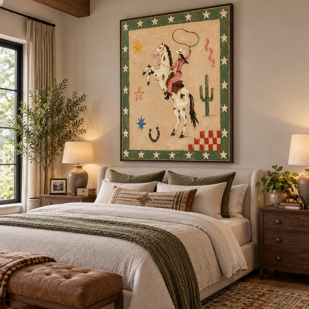 A pink-clad cowgirl swinging a lasso on a rearing spotted horse, surrounded by stars and a cactus, shown from an angle in a bedroom.