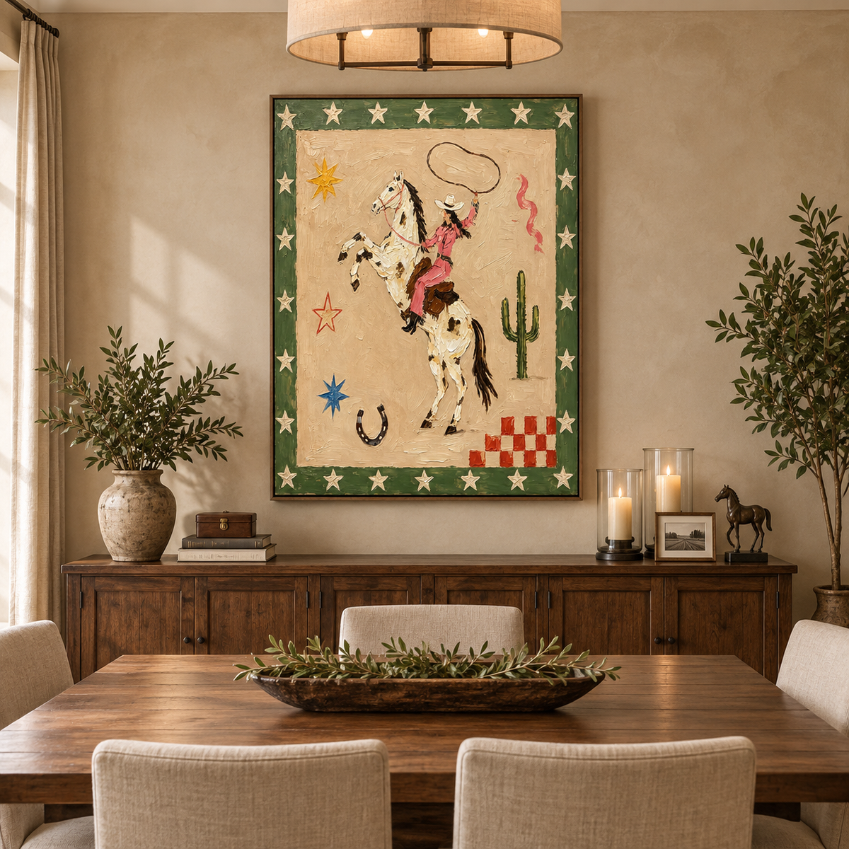 A pink-clad cowgirl swinging a lasso on a rearing spotted horse, surrounded by stars and a cactus, in a dining room.