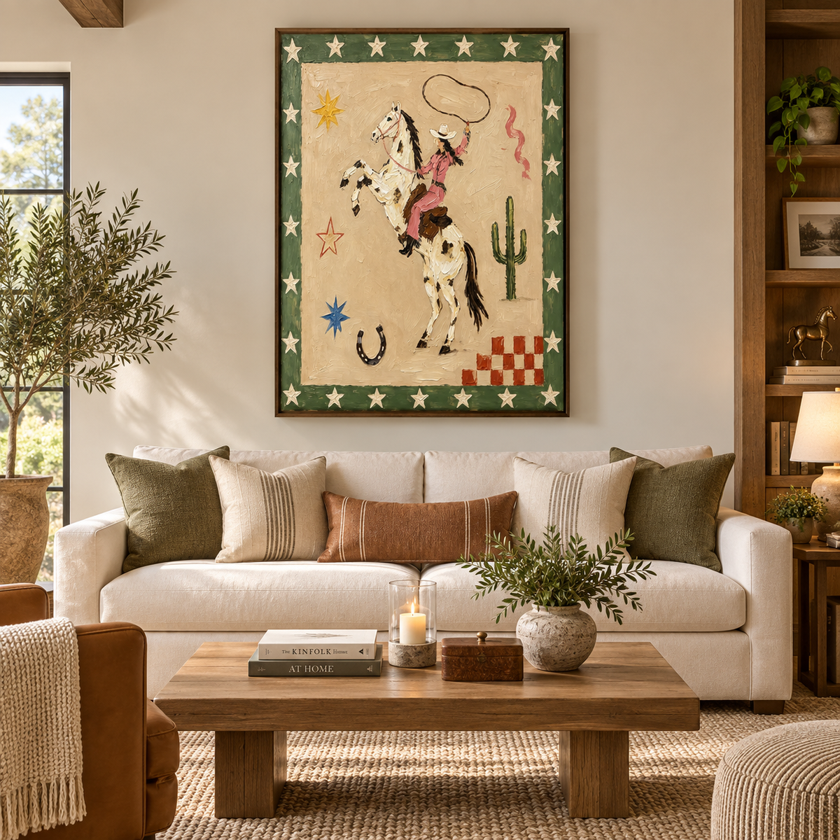 A pink-clad cowgirl swinging a lasso on a rearing spotted horse, surrounded by stars and a cactus, in a living room.