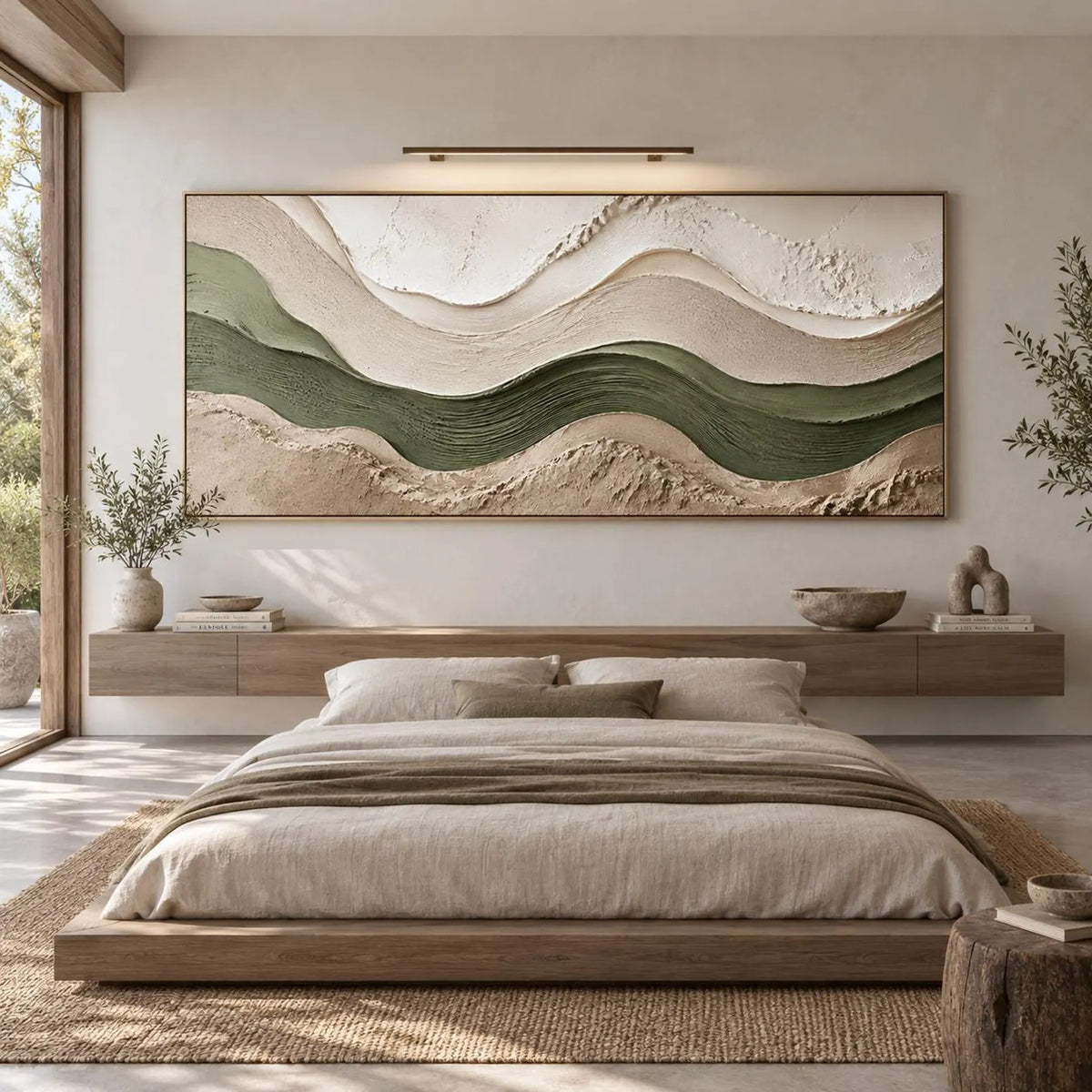 Long undulating bands of deep green, sage, ivory and beige forming a wide abstract landscape, shown in room setting 4.