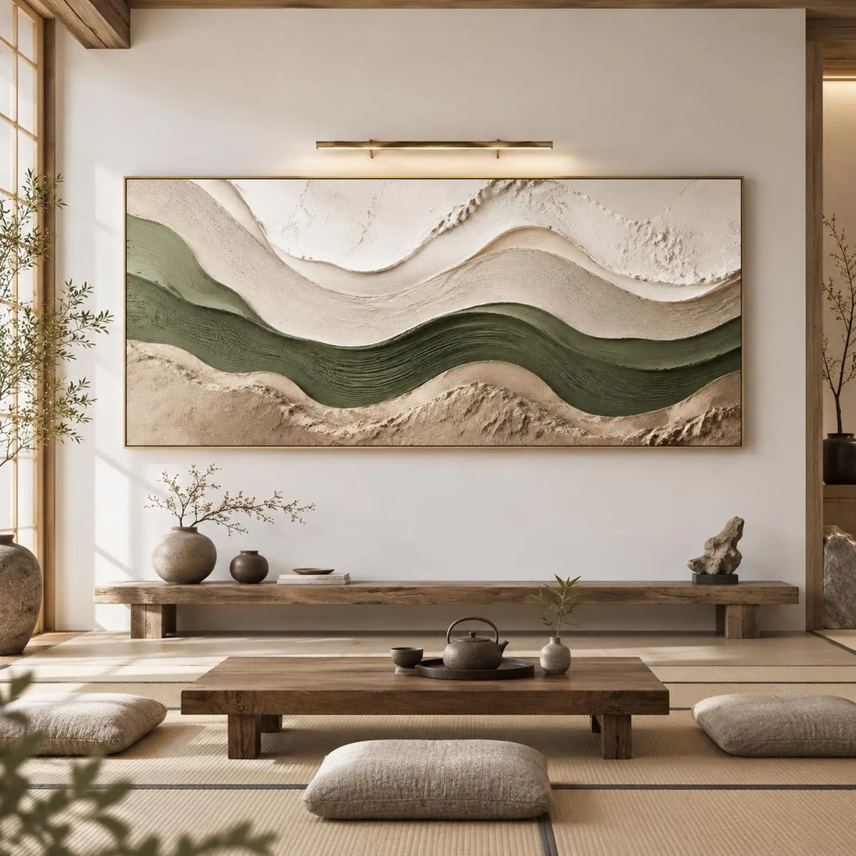 Long undulating bands of deep green, sage, ivory and beige forming a wide abstract landscape, shown in room setting 6.