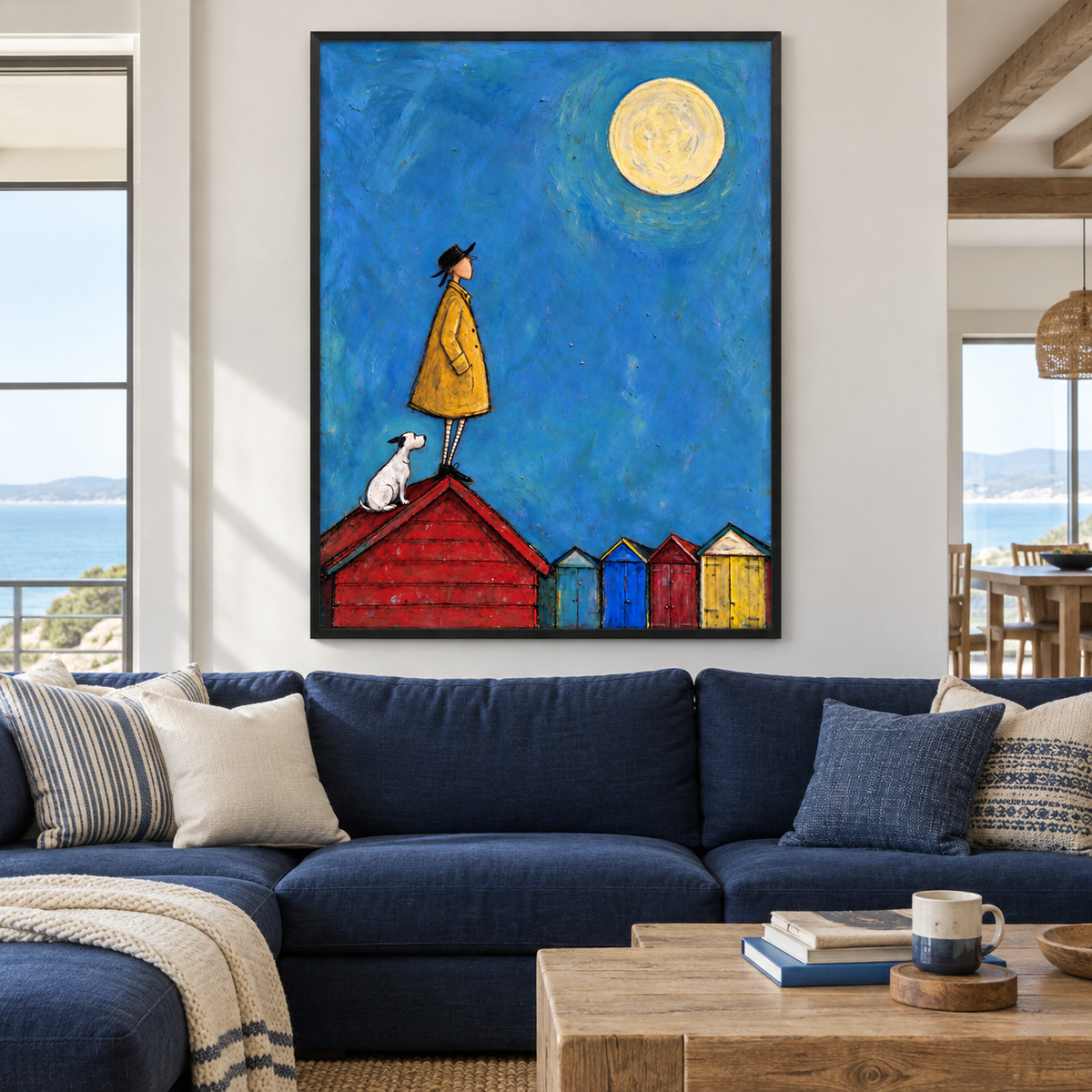 A long-nosed man in a yellow coat and a small white dog standing on a red peaked roof above colorful huts under a large yellow full moon in a blue sky, shown in room setting 1.