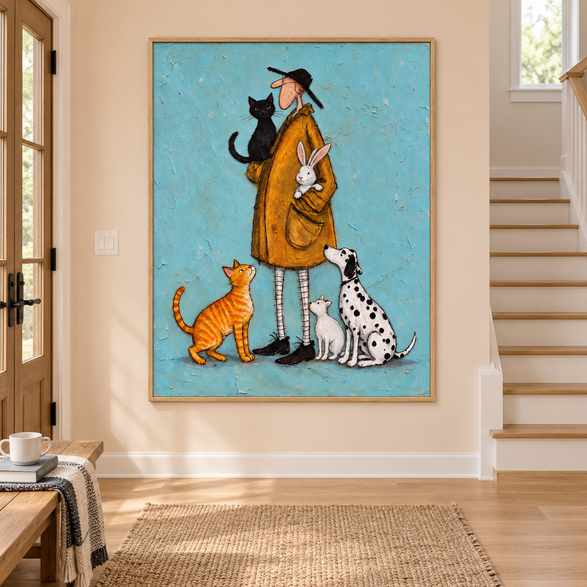 A long-nosed man in an orange coat holding a black cat and a white rabbit with an orange tabby, a Dalmatian and a small white pet at his feet against turquoise blue, shown in room setting 2.