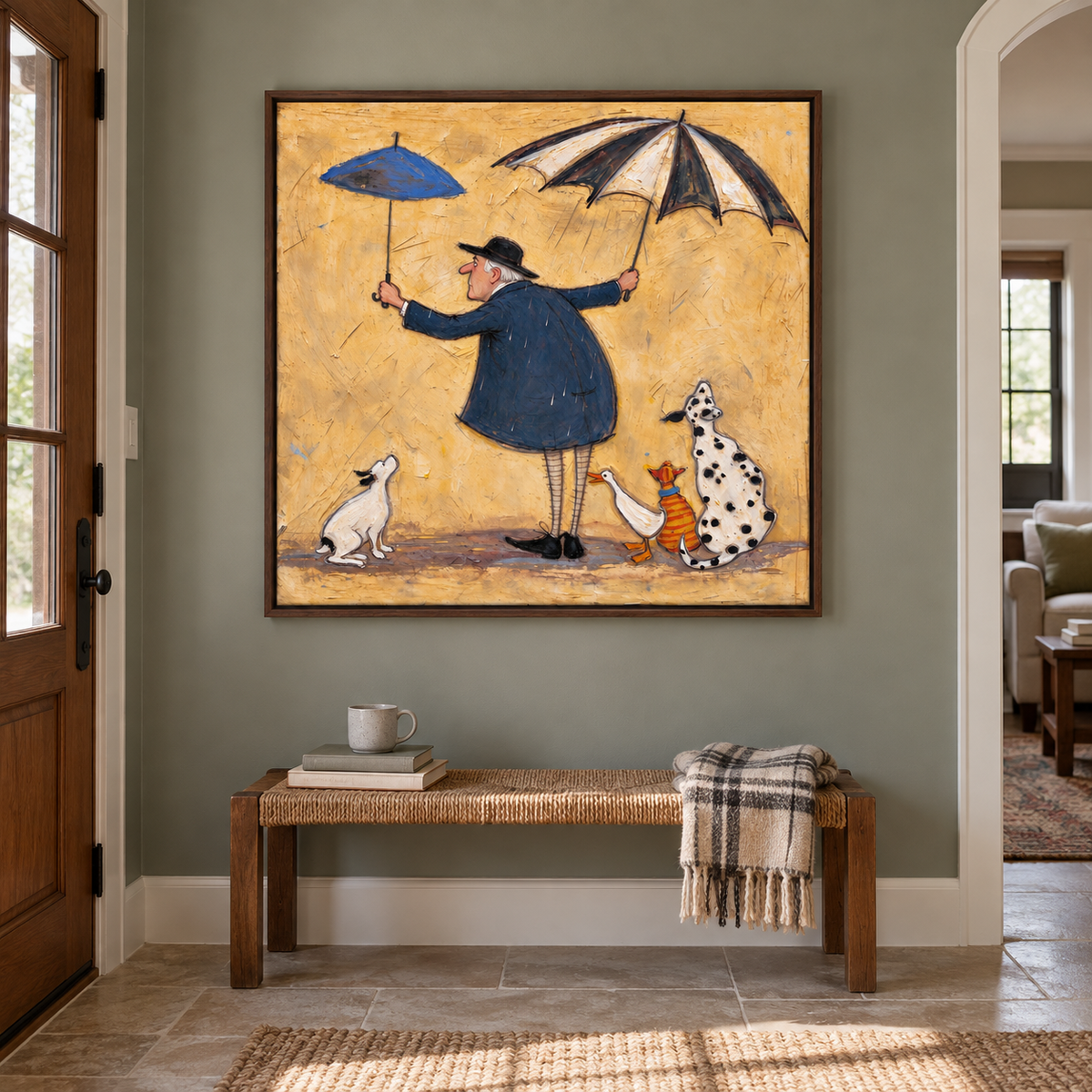 A man in a navy coat holding a small blue umbrella and a large black-and-white umbrella with two dogs, an orange tabby and a white duck gathered around his feet, shown in room setting 3.