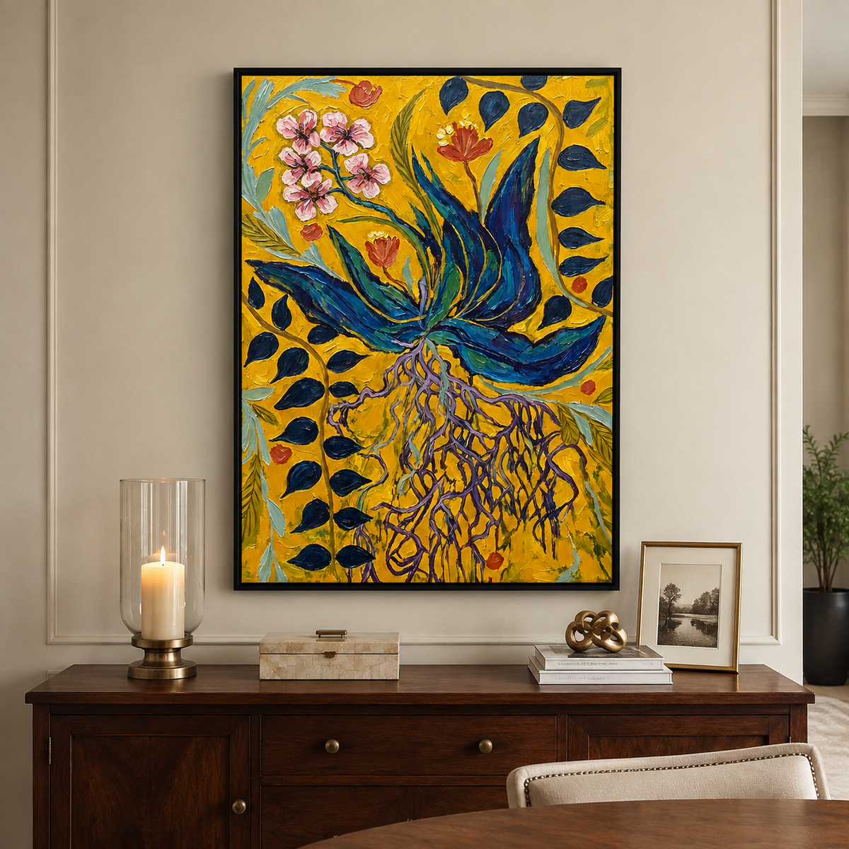 Blue and teal leaves, exposed purple roots, and small pink and orange flowers against mustard yellow, in a dining room.